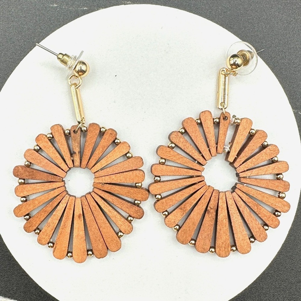 Vintage Handmade Women's Brown Wooden Windmill Dangle/Drop Statement Earrings‎
